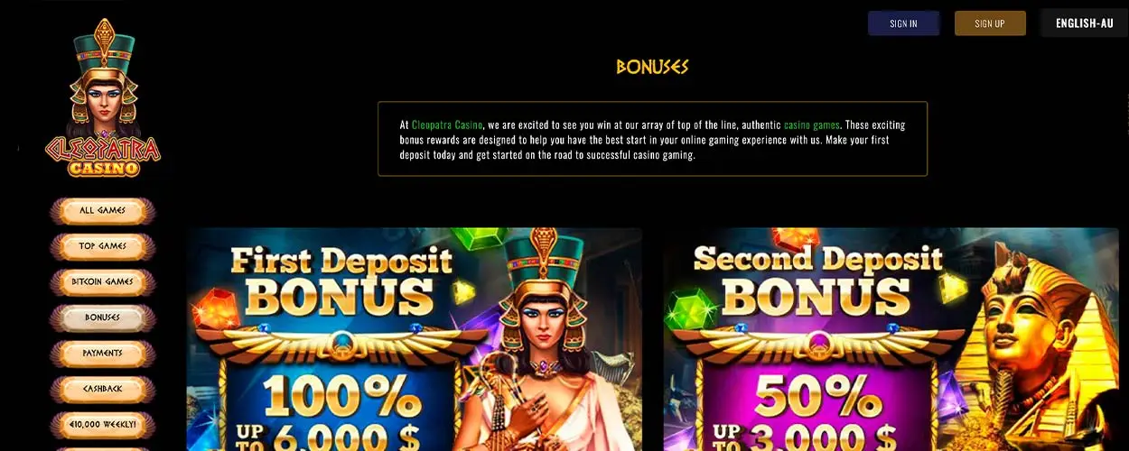 Cleopatra Casino bonuses for aussie players