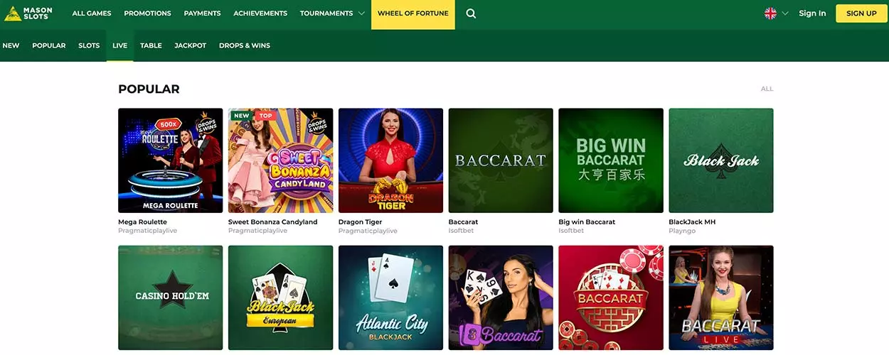 Masonslots live casino lobby